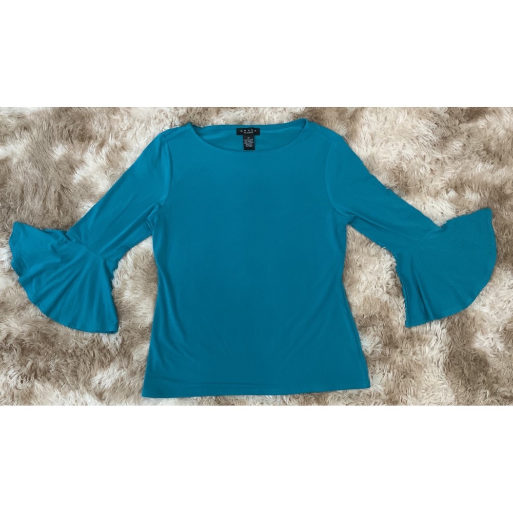 Grace The Perfect Fit Teal Blue Bell Sleeve Boat Neck Top Blouse Medium RN 93178